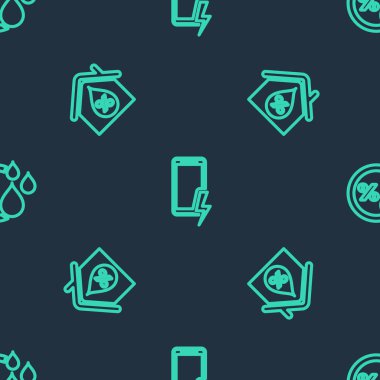 Set line Mobile charging battery, House humidity and Humidity on seamless pattern. Vector.