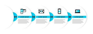 Set line Laptop with dental card, Graduation cap on mobile, Envelope Valentine heart and Cinema camera icon. Vector