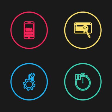 Set line Wrench and screwdriver in gear, Stopwatch, System bug concept and Mobile Question Exclamation icon. Vector.