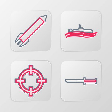 Set line Military knife, Target sport, Submarine and Rocket icon. Vector