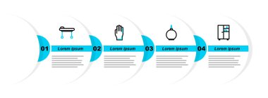 Set line Medicine cabinet, Enema, Medical rubber gloves and Stretcher icon. Vector