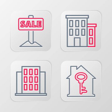 Set line House with key,  and Hanging sign Sale icon. Vector
