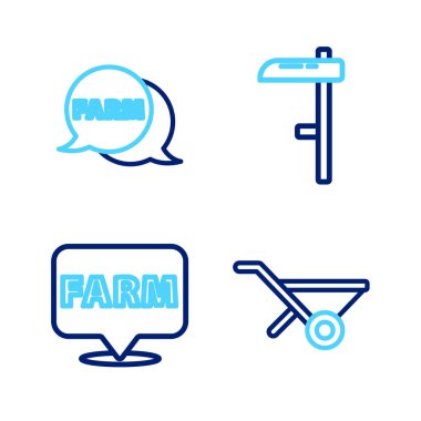 Set line Wheelbarrow, Location farm, Scythe and Speech bubble with Farm icon. Vector