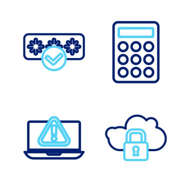Set line Cloud computing lock, Laptop with exclamation mark, Password protection and  icon. Vector
