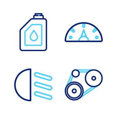 Set line Timing belt kit, High beam, Speedometer and Canister for motor oil icon. Vector