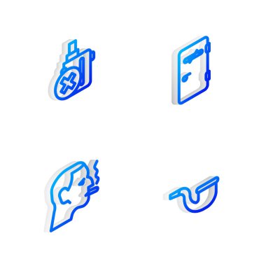 Set Isometric line No smoking area, electronic cigarette, Man and pipe icon. Vector.