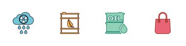Set Acid rain and radioactive cloud, Bio fuel barrel, Oil and Shopping bag icon. Vector.