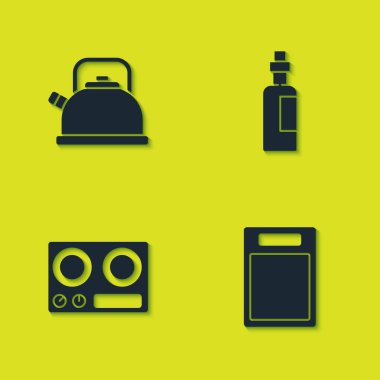 Set Kettle with handle, Cutting board, Gas stove and Bottle of olive oil icon. Vector.