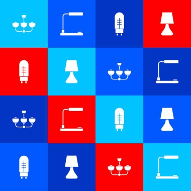 Set Chandelier, Table lamp, Light emitting diode and  icon. Vector