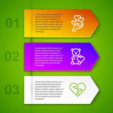 Set line Heart in hand, Donate child toys and Leaf heart. Business infographic template. Vector.