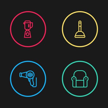Set line Hair dryer Armchair Rubber plunger and Blender icon. Vector.