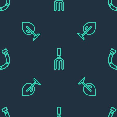 Set line Garden rake, Tree and Horseshoe on seamless pattern. Vector