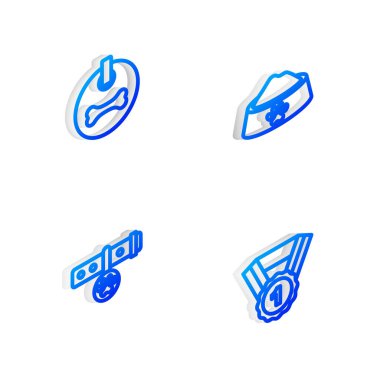 Set Isometric line Pet food bowl, Dog collar, Collar with name tag and award symbol icon. Vector