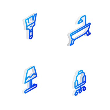 Set Isometric line Bathtub, Paint brush, Table lamp and Office chair icon. Vector