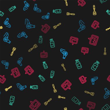 Set line Hair dryer, Antibacterial soap, Spatula and Picture on seamless pattern. Vector
