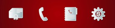 Set Certificate template, Telephone handset, Phone book and Gear with dollar symbol icon. Vector.