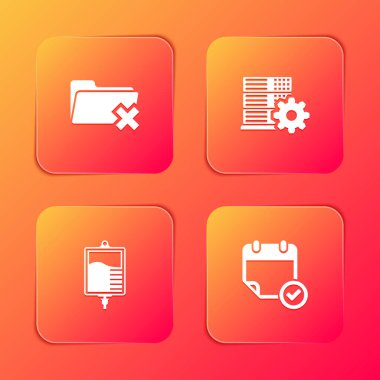 Set Delete folder, Server setting, IV bag and Calendar with check mark icon. Vector.
