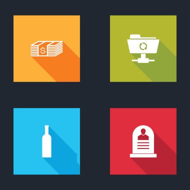 Set Paper money dollars cash, FTP sync refresh, Bottle of wine and Tombstone with RIP written icon. Vector.