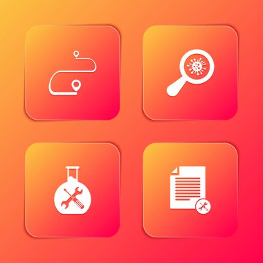 Set Route location, Microorganisms under magnifier, Bioengineering service and File document icon. Vector.