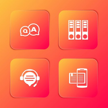 Set Question and Answer, Office folders, Headphones with speech bubble chat and Smartphone book icon. Vector.