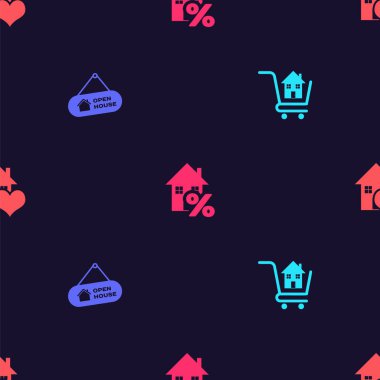 Set Shopping cart with house, Hanging sign Open, House percant and heart shape on seamless pattern. Vector.