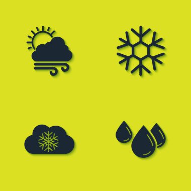 Set Windy weather, Water drop, Cloud with snow and Snowflake icon. Vector.