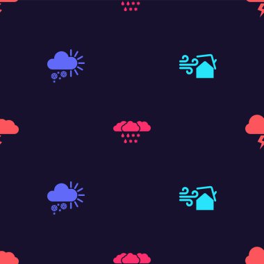 Set Tornado swirl, Cloudy with snow, and rain and Storm on seamless pattern. Vector.