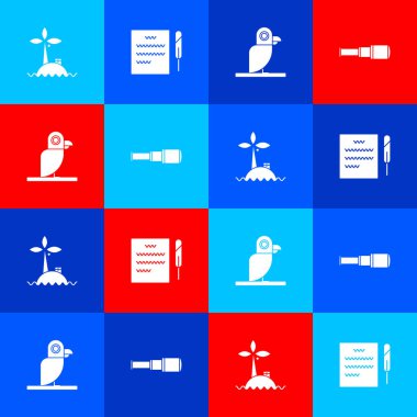 Set Tropical island in ocean, Feather pen scroll, Pirate parrot and Spyglass telescope lens icon. Vector.