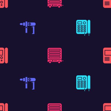 Set Telephone, Electric drill machine, heater and House intercom system on seamless pattern. Vector.