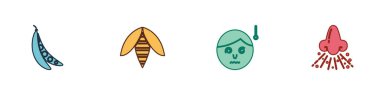 Set Kidney beans, Bee, High human body temperature and Runny nose icon. Vector.