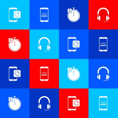 Set Mobile phone call, with FAQ information, Stopwatch and Headphones icon. Vector.