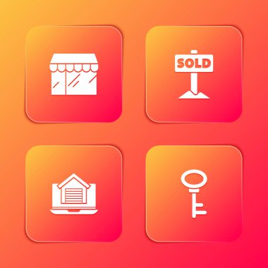 Set Market store, Hanging sign with text Sold, Online real estate house and House key icon. Vector.