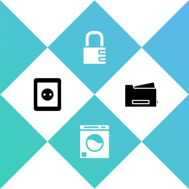Set Electrical outlet, Washer, Safe combination lock and Printer icon. Vector.