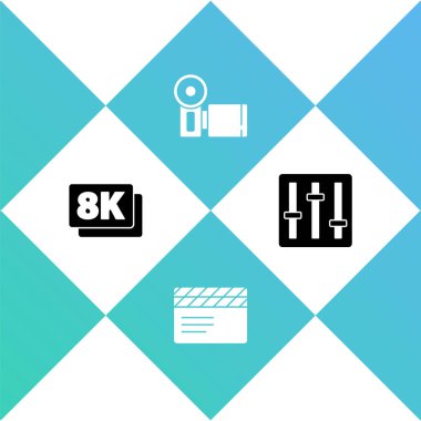 Set 8k Ultra HD, Movie clapper, Cinema camera and Sound mixer controller icon. Vector.