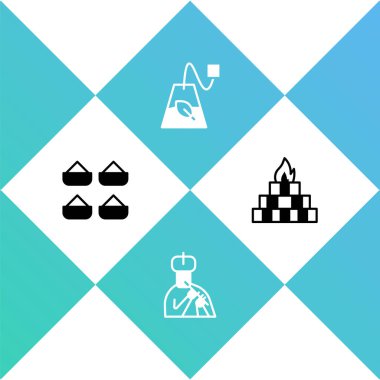 Set Indian spice, man plays flute, Tea bag and Yagna icon. Vector.