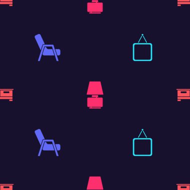 Set Mirror, Armchair, Table lamp and Chest of drawers on seamless pattern. Vector.