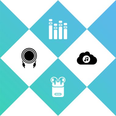 Set Audio jack, Air headphones in box, Music equalizer and streaming service icon. Vector.