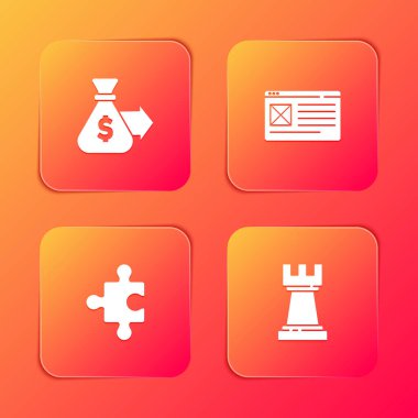 Set Money bag, Browser window, Piece of puzzle and Chess icon. Vector.