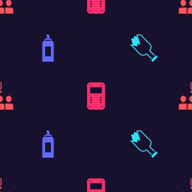 Set Broken bottle as weapon, Paint spray can, Police assault shield and Crowd protest on seamless pattern. Vector.