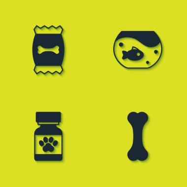 Set Bag of food for pet, Dog bone, Medicine bottle and pills and Aquarium with fish icon. Vector.