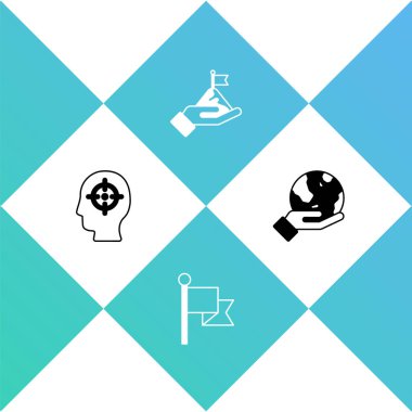 Set Head hunting, Flag, Mountains with flag and Hand holding Earth globe icon. Vector.