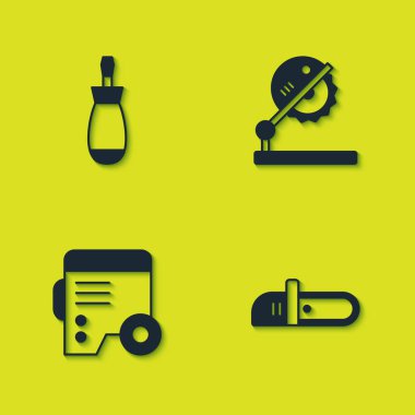 Set Screwdriver, Chainsaw, Power electric generator and Table for woodwork icon. Vector.