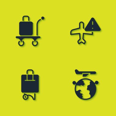 Set Trolley baggage, Globe with flying plane, Suitcase and Warning aircraft icon. Vector.
