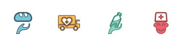 Set Donation food, Humanitarian truck, water and Male doctor icon. Vector.