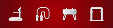 Set Treadmill machine, Jump rope, Pommel horse and Sport horizontal bar icon. Vector.