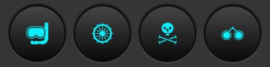 Set Diving mask and snorkel Ship steering wheel Skull on crossbones and Binoculars icon. Vector.