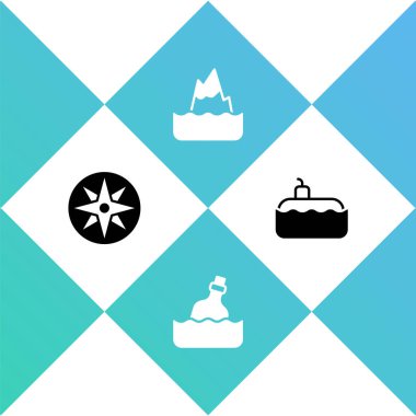 Set Wind rose Bottle with message water Iceberg and Submarine icon. Vector.