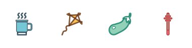 Set Cup of tea Kite Eggplant and Honey dipper stick icon. Vector.