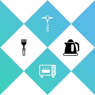 Set Fork Microwave oven Wine corkscrew and Electric kettle icon. Vector.