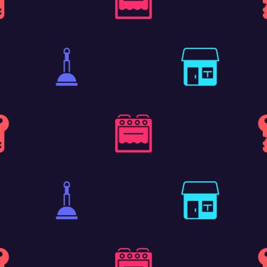 Set House Rubber plunger Oven and key on seamless pattern. Vector.